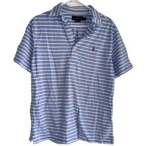 Ralph Lauren  Polo Shirt Men Large Knit Oxford White Blue Stripe Short Sleeve